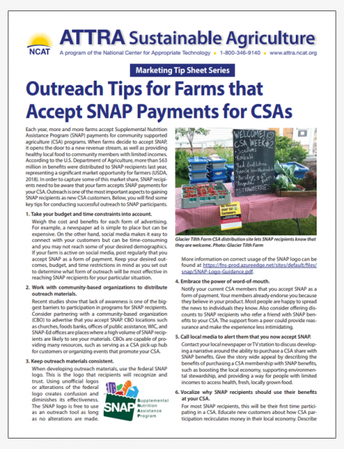 Marketing Tip Sheet: Outreach Tips for Farms that Accept SNAP Payments for CSAs