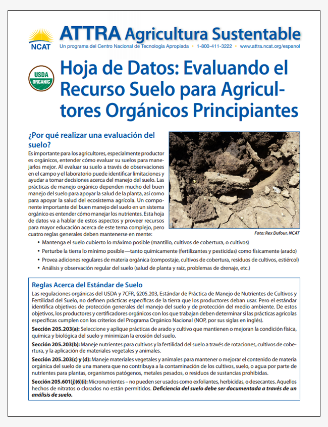 Hoja de Datos: Evaluando el Recurso Suelo para Agricultores Orgánicos Principiantes