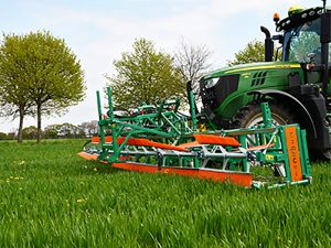 A combcutting implement removing broadleaf plants from a grass crop.