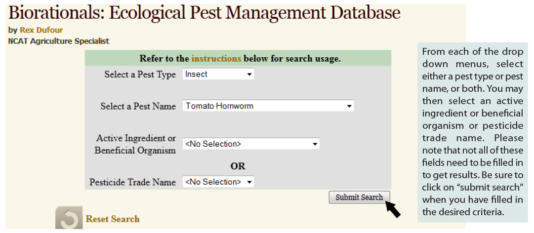 screenshot of the ATTRA Ecological Pest Management Database