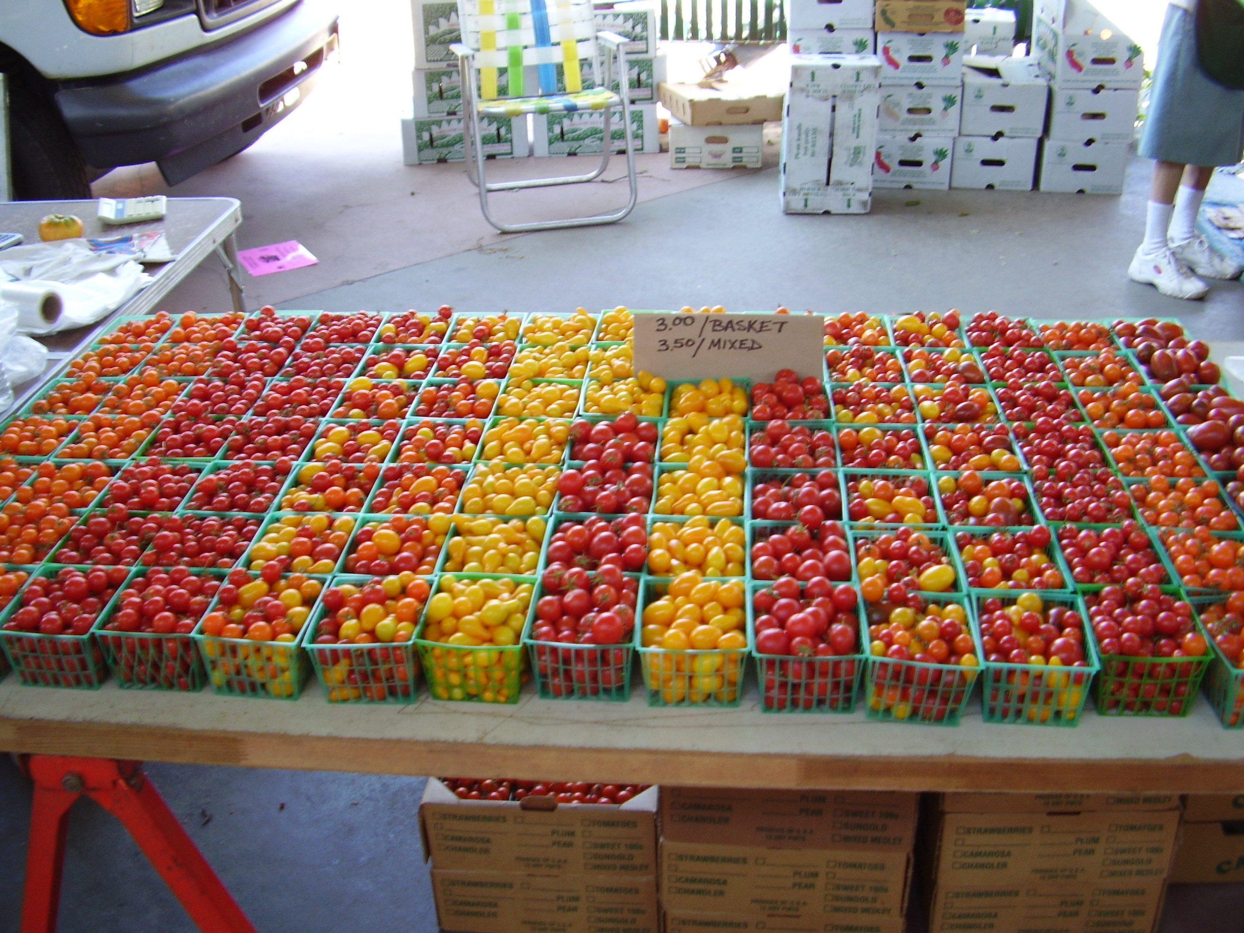 baskets of colorful cherry tomatoes at a farmers market