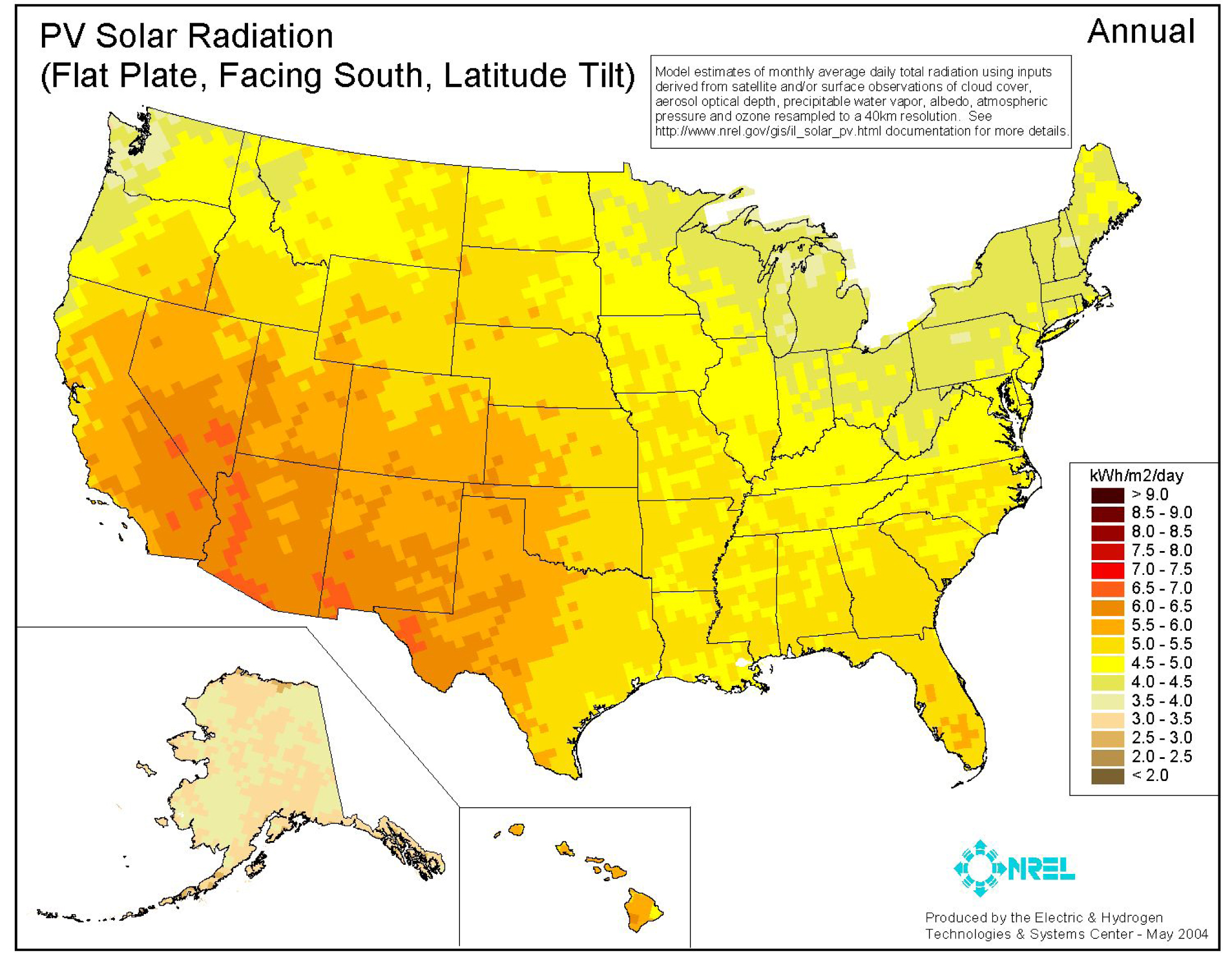 United States map of solar radiation