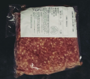 A package of lamburger displaying about 85/15 meat-to-fat ratio and attractive color.