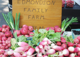 handmade sign at a farmers market with pile of root crops