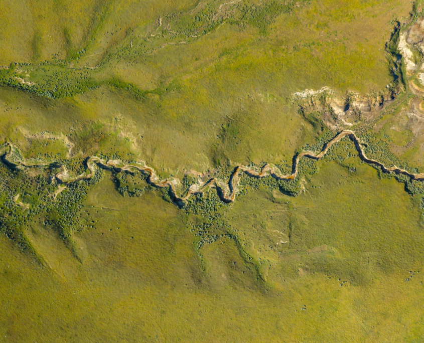 An aerial view of a Montana creek bed