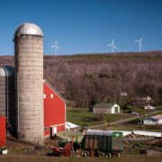 wind turbines on a hill above a farmyard in Pennsylvania