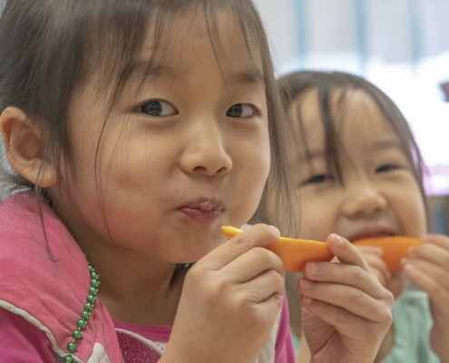 Close-up photo of two children eating fruit