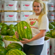 woman holding watermelon in processing warehouse