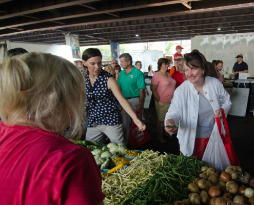 Shoppers at a farmers market.