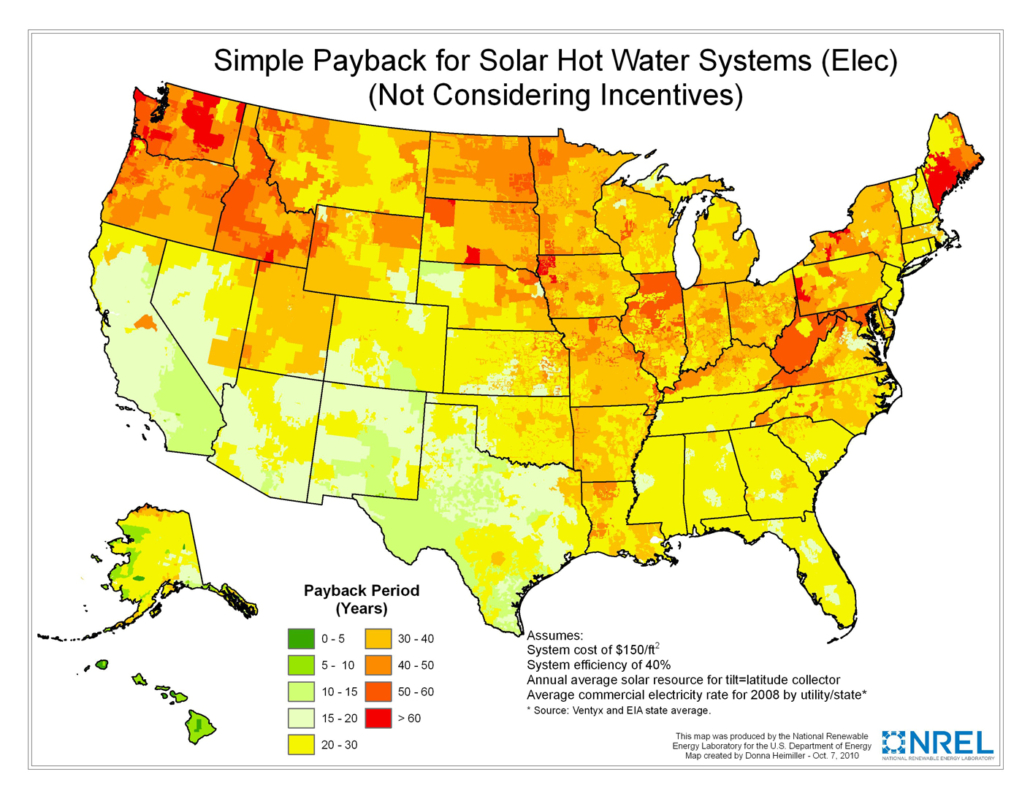 Map showing payback for solar hot water systems 