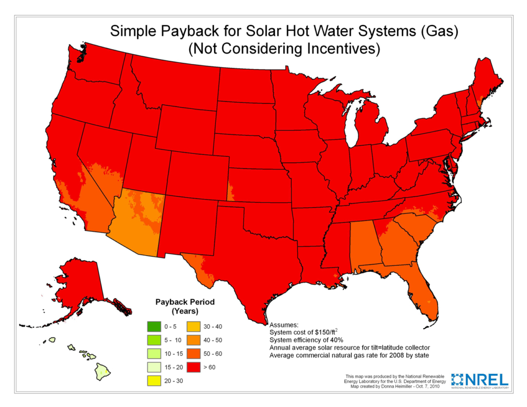 Map showing simple payback for solar hot water systems