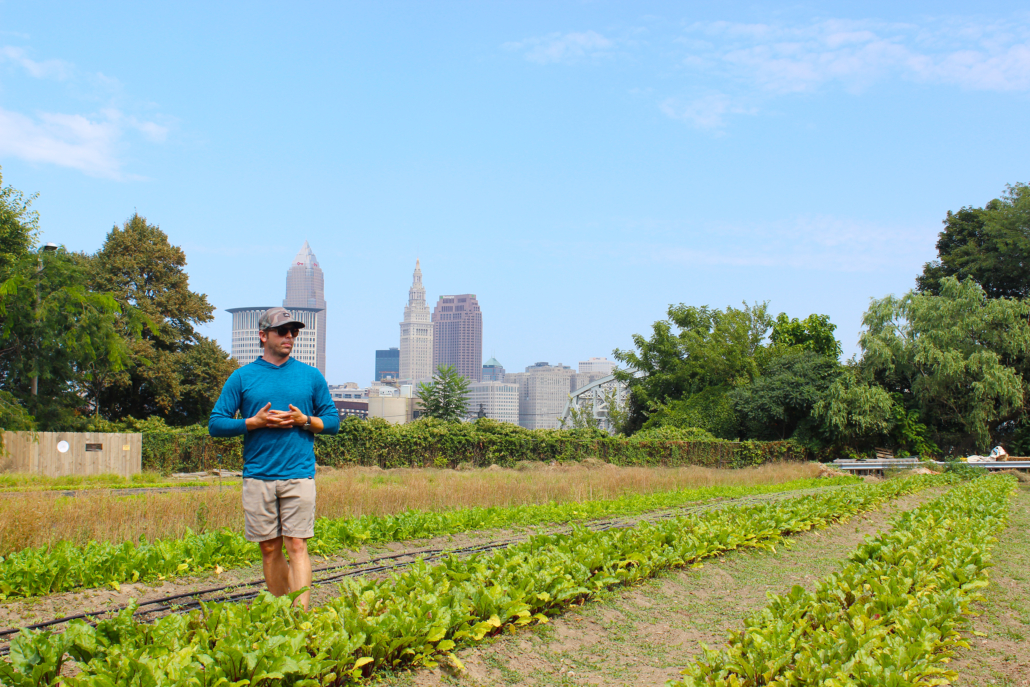 Man walking in planted fields with tall buildings in background