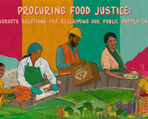 cover illustration from Procuring Food Justice, showing five diverse food system workers
