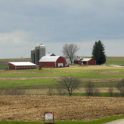 distant view of farmstead with bars, silos, and trees, with blue sky in background and fields in foreground.