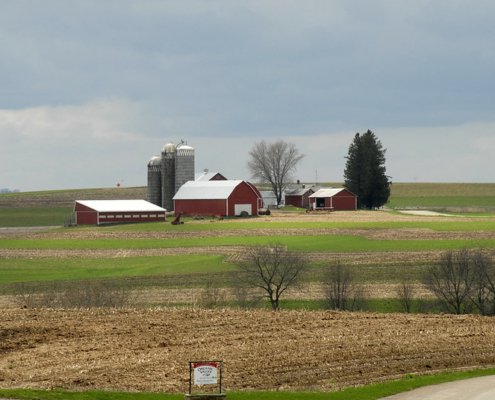 distant view of farmstead with bars, silos, and trees, with blue sky in background and fields in foreground.