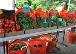 vegetables displayed in orange baskets on and under a table