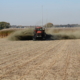 A tractor pulls equipment applying ground-up silica to a field of corn stubble