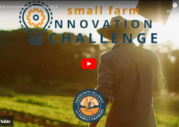 Small Farm Innovation Challenge logo over video thumbnail of person in a hat walking away across field in golden light.