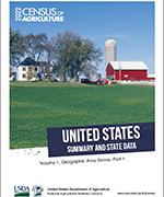 cover of Census of Agriculture report with photo of farm landscape with white house, red barn, trees, and green pasture