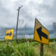 Sky with storm clouds behind road signs with arrows, standing above tall grass.