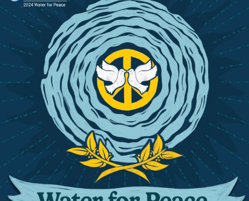 World water day graphic logo with words "Water fpr Peace" and logo with doves and water