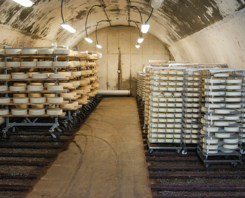 racks of round cheeses in a cheese cave