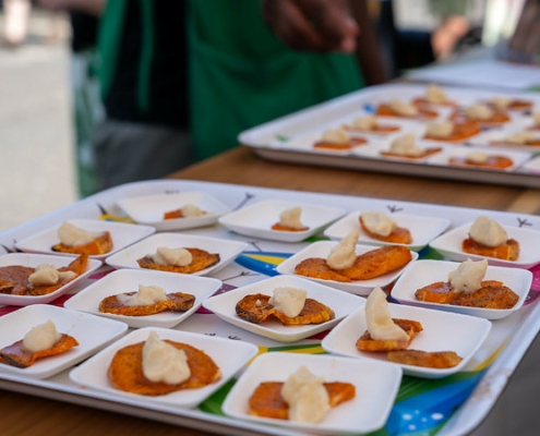 Food samples on plates, lined up on trays on a table.