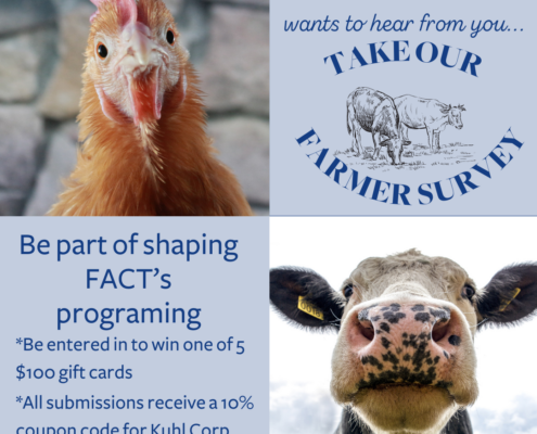 graphic with portrait of cow and portrait of chicken and text about FACT's Farmer Survey