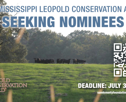 graphic notice for Leopold Conservation Award applications in Mississippi, with QR code