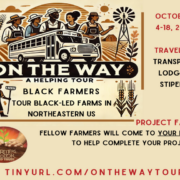 On the Way tour logo with wording and graphic of farmers with a bus