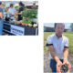 people gather around a display table outdoors and a person holds biochar in their cupped hands, outdoors