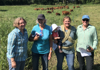 Photo of pasture walk with Claire Whiteside, Ann Wells,Emily Jost and daughter, and Tina Cone