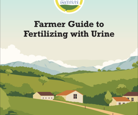 cover of book showing graphic of farm scene and words Farmer Guide to Fertilizing with Urine