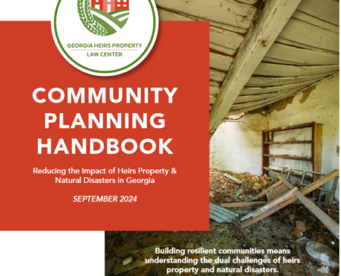 Community Planning Handbook cover with title and photo of damaged building interior