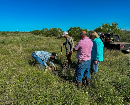 Texas Grazing Lands Coalition meets with Servando Leal in the field.