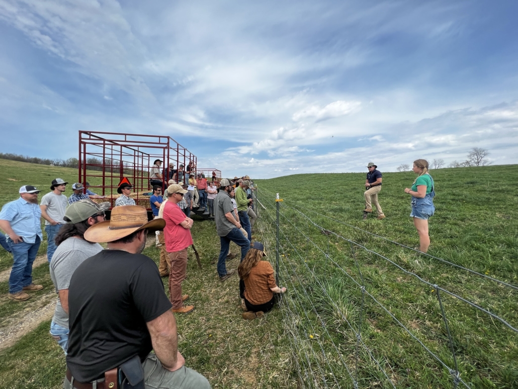 Photo of Becky Szarzynski of Ember Cattle Company, Mountain Glen Farm and Dr. Allen Williams discuss grazing strategies atthe 2023 Soil for Water/American Farmland Trust field days. 