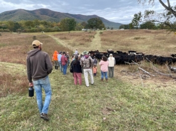 Photo of a group talking regenerative grazing with Ben Coleman at Mountain Run Farm. 