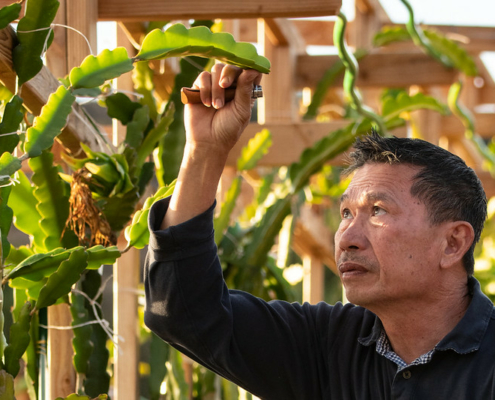 A person reaches and looks upward, at plant leaves on a trellis overhead.