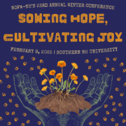 NOFA New Hampshire winter conference logo graphic showing cupped hands holding soil and flowers and words "Sowing Hope, Cultivating Joy"