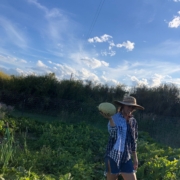 person walking in a garden, carrying a squash in one hand at shoulder height