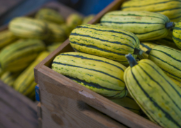 A wooden box holds Delicata squash.