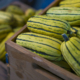 A wooden box holds Delicata squash.