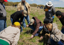 people crouch and stand in a field around a crouched person examining plants in a sampling hoop