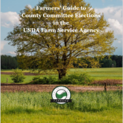 Farmers' Guide to County Committee Elections in the USDA Farm Service Agency superimposed on photo of field with large tree and blue sky with clouds