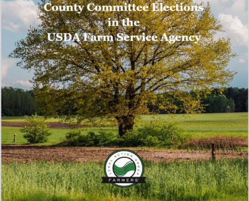 Farmers' Guide to County Committee Elections in the USDA Farm Service Agency superimposed on photo of field with large tree and blue sky with clouds