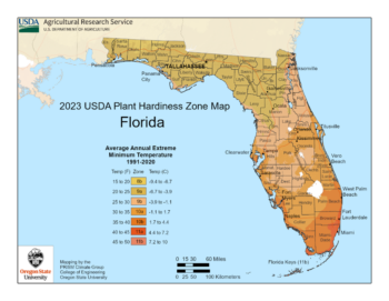 Map of Florida's USDA hardiness zones