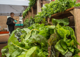 greens displayed at a farmers market with a person and American flags in the background