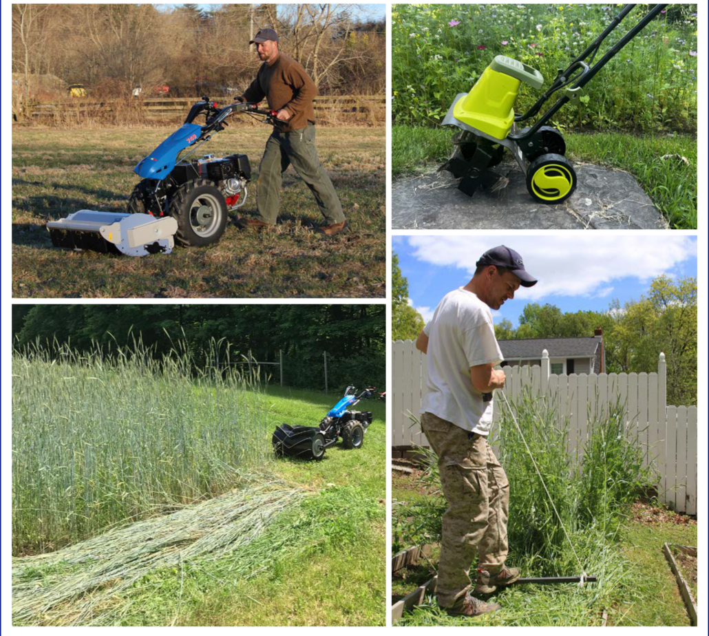 Photos of farm equipment: walk-behind tractor, roller-crimper, electric tiller, crimper