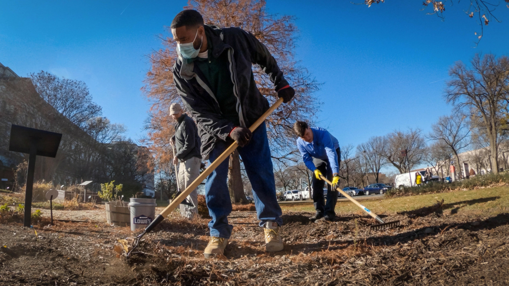 Photo of three men planting cereal rye cover crops in the garden beds of an urban farm outside of the Department of Agriculture Whitten Building in Washington, D.C. 