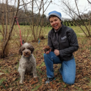 a person kneels next to a dog sitting outdoors in fallen leaves among bushes